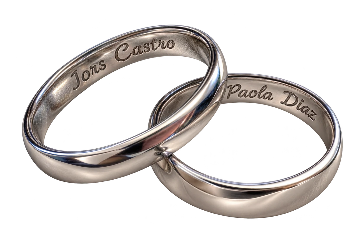 Anillos de boda entrelazados con los nombres de la pareja grabados