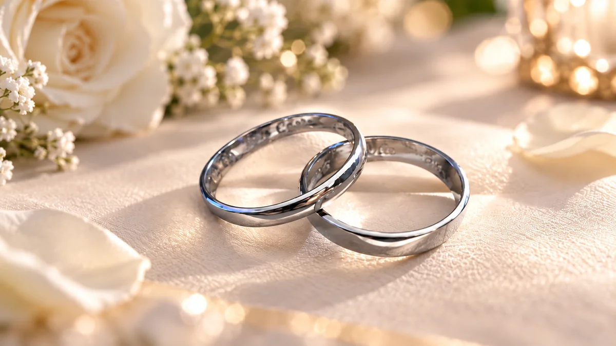 Dos anillos de plata entre flores claras, pétalos y luces de velas