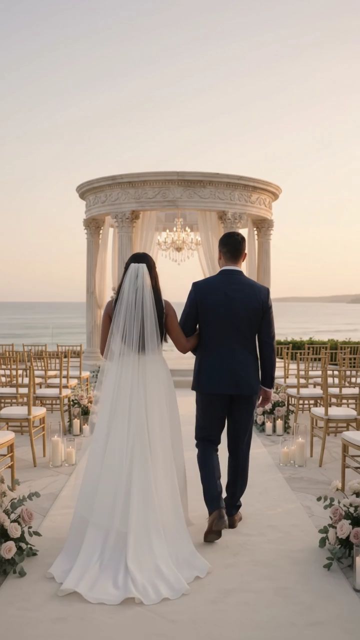 La pareja de espaldas, caminando hacia un pabellón frente al mar
